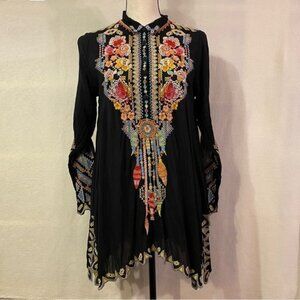 Johnny Was black embroidered cross stitch Festival Georgette tunic